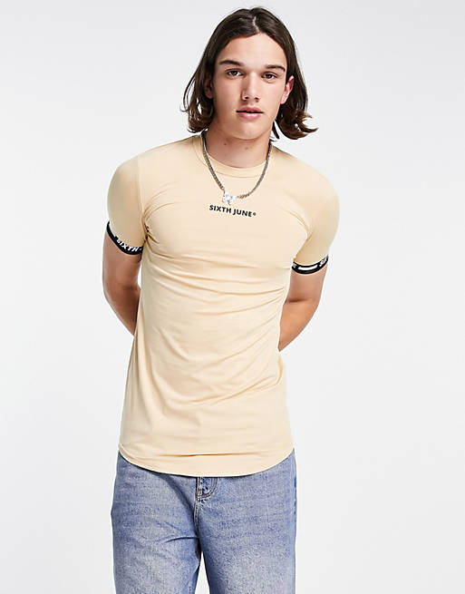 Sixth June signature t-shirt with logo cuff in beige | ASOS