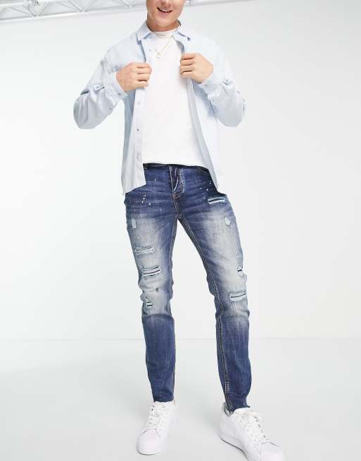 Sixth June skinny fit paint splattered destroyed jeans in blue
