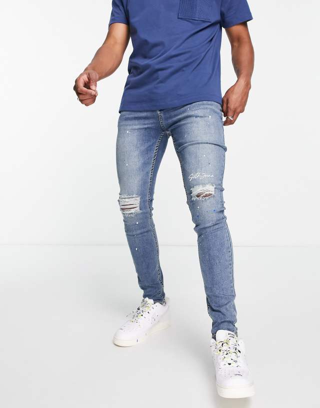 Sixth June skinny jeans in denim blue with knee rips