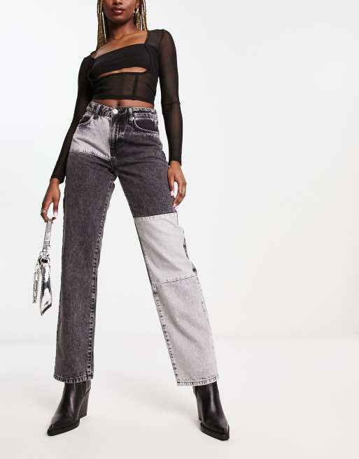 Patchwork Denim Straight Leg Jeans