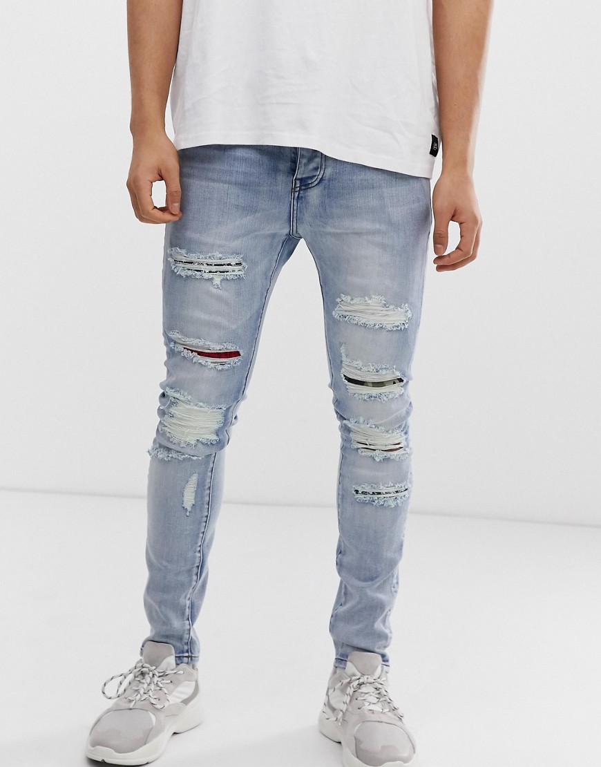 Sixth June super-skinny jeans i blå med slidt multi print