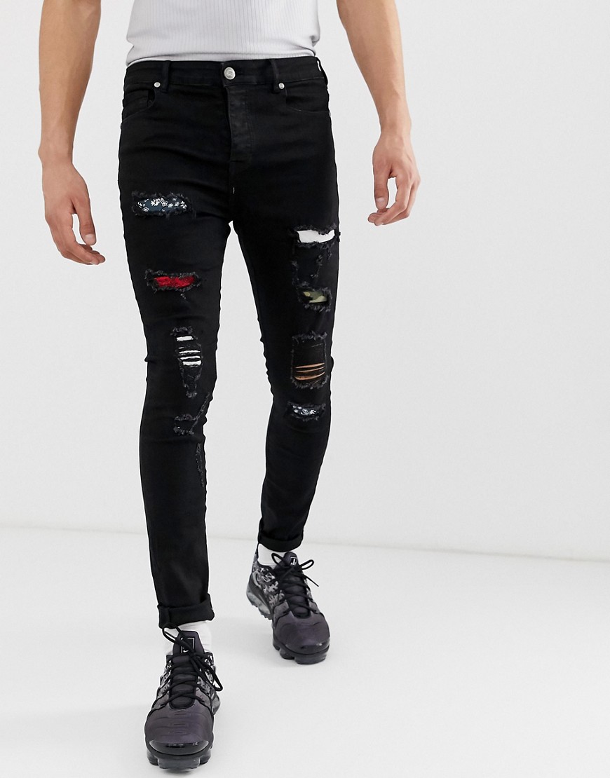 Sixth June - Super skinny jeans met print en distressing in zwart