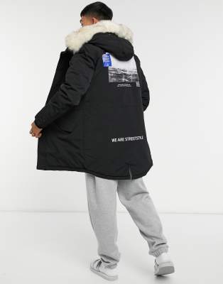 sixth june parka coat in black with black faux fur hood