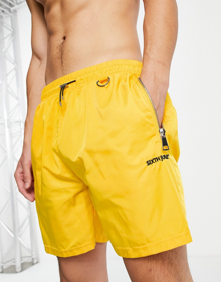Sixth June swim shorts in yellow with drawstring detail and zip pockets-Orange