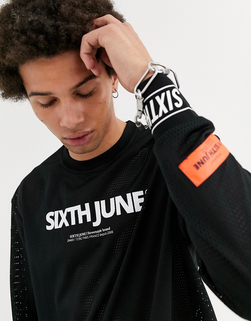 Sixth June - T-shirt nera in rete a maniche lunghe-Nero