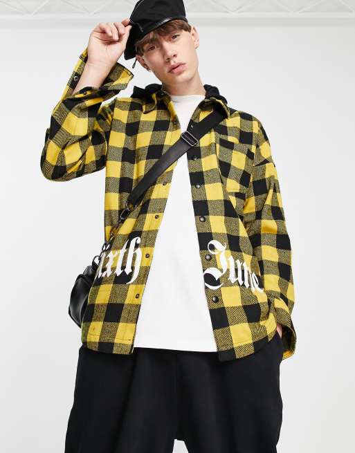 Palm Angels Hooded Plaid Shirt Jacket In Yellow