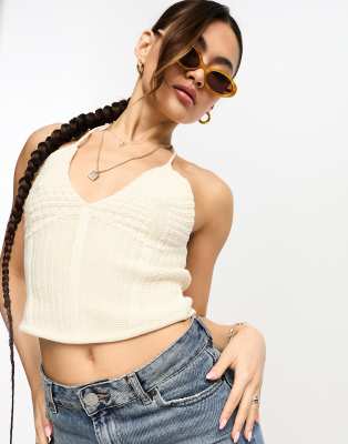 thick knit halterneck crop top in cream-White