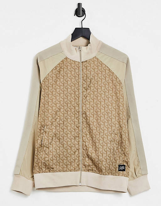 Sixth June track jacket co-ord in beige with monogram logo print