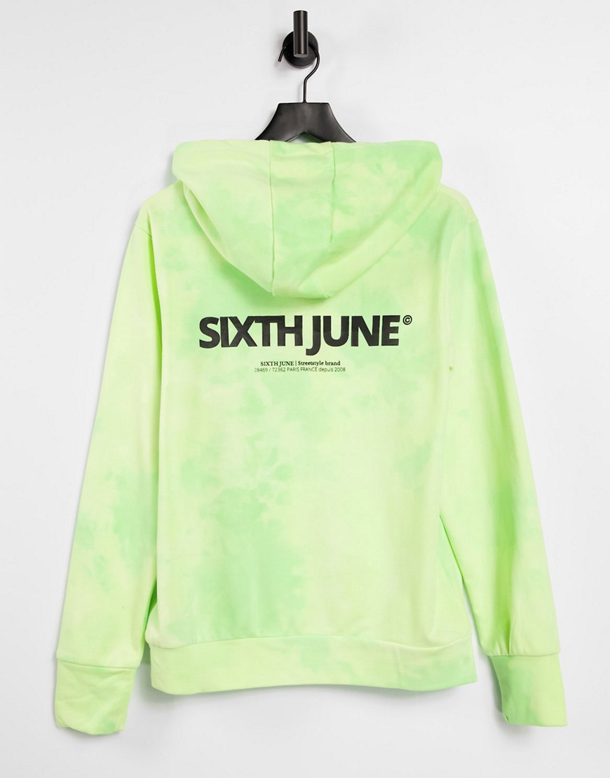 Sixth June unisex oversized coordinating hoodie in lime wash with front logo-Green