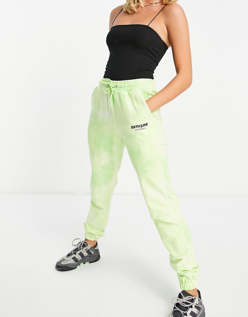 Sixth June unisex set relaxed logo sweatpants in lime wash-Green