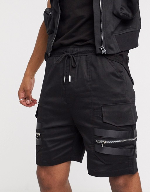 Sixth June utility cargo shorts with strap detail in black