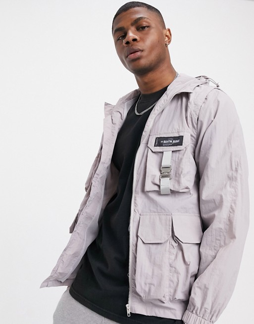 Sixth June utility jacket with buckle detail in light grey