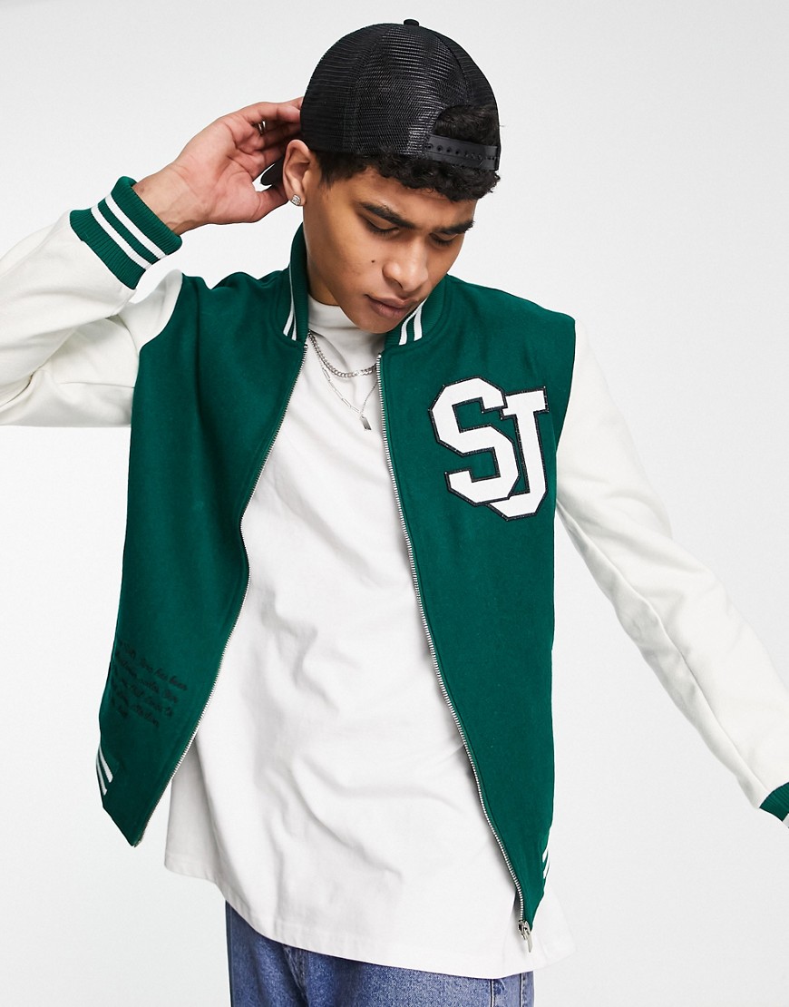 Sixth June Varsity Bomber Jacket In Green And Off White With Logo Embroidery