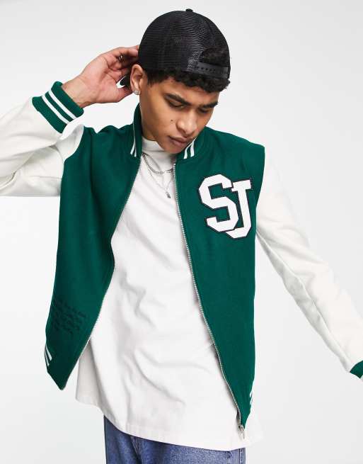 Wreck Implement hente Sixth June varsity bomber jacket in green and off white with logo  embroidery | ASOS