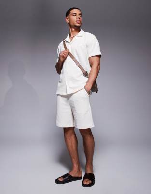 waffle detail shorts in cream - part of a set-White