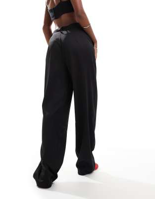 Sixth June Wide Leg Pants With Logo Waistband Detail In Black