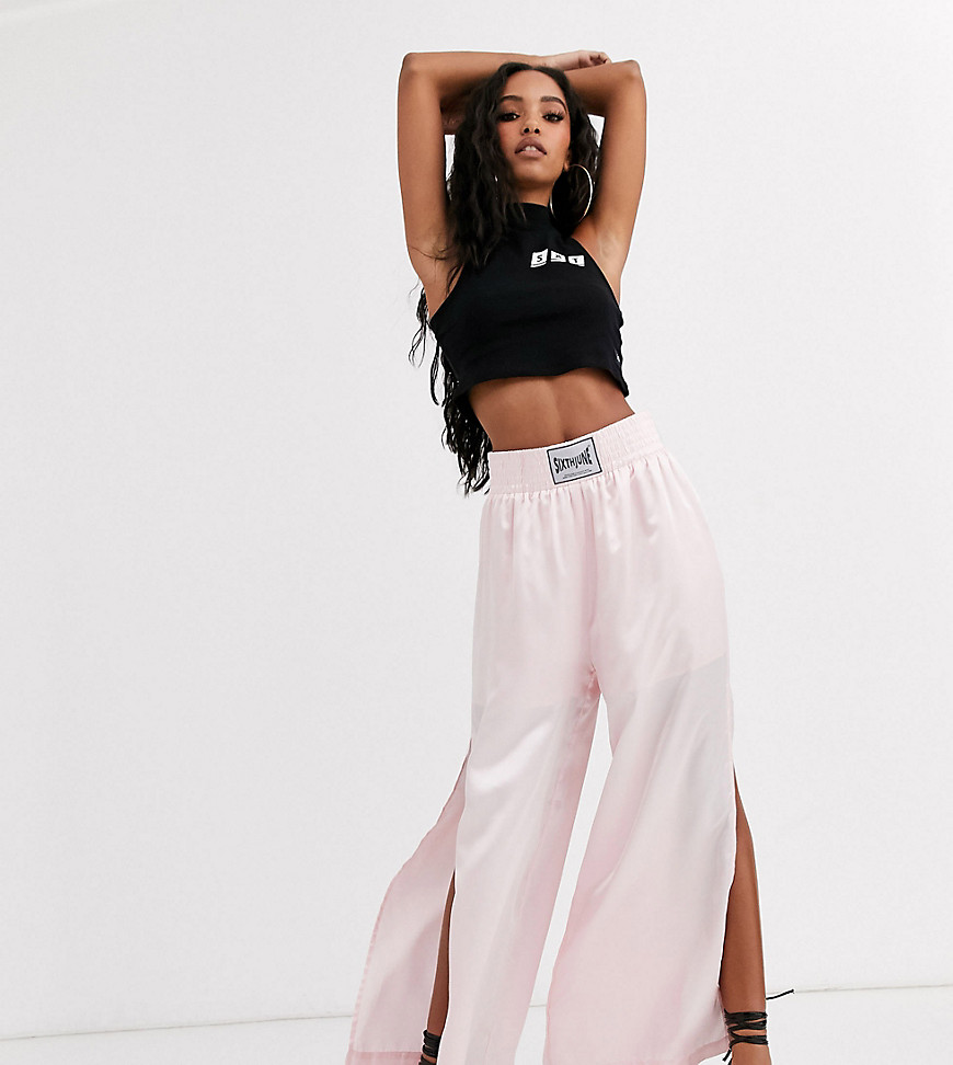 Sixth June wide leg trousers with logo waistband in satin-Pink