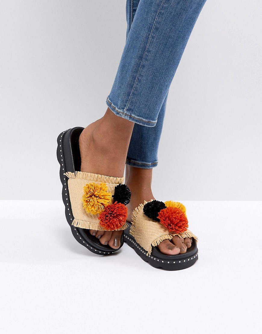 SixtySeven Belle Natural Raffia Pom Slide Sandals-Beige