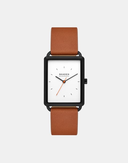 Skagen – Hagen – Herrenuhr aus schwarzem Edelstahl mit drei Zeigern und braunem Armband