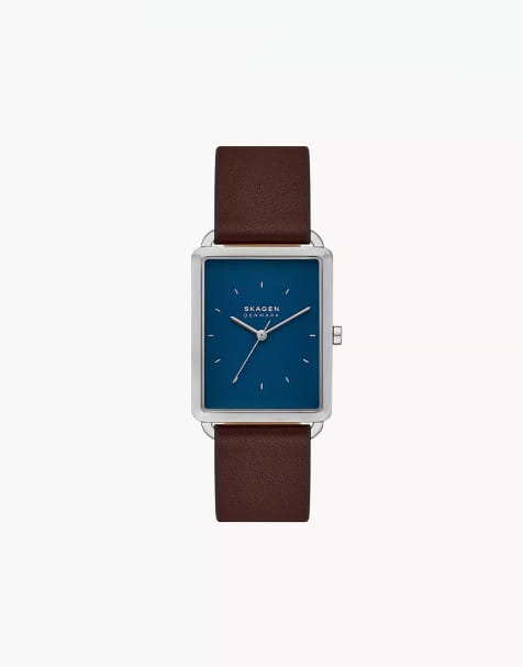 Skagen – Hagen – Herrenuhr aus silberfarbenem Edelstahl mit drei Zeigern und braunem Armband - view 1