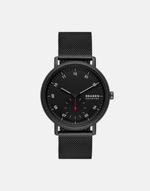 Skagen – Kuppel – Herrenuhr aus schwarzem Edelstahl mit braunem Armband, zwei Zeigern und Untersekunde