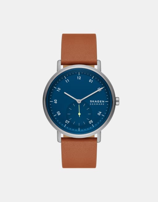 Skagen – Kuppel – Herrenuhr aus silberfarbenem Edelstahl mit braunem Armband, zwei Zeigern und Untersekunde