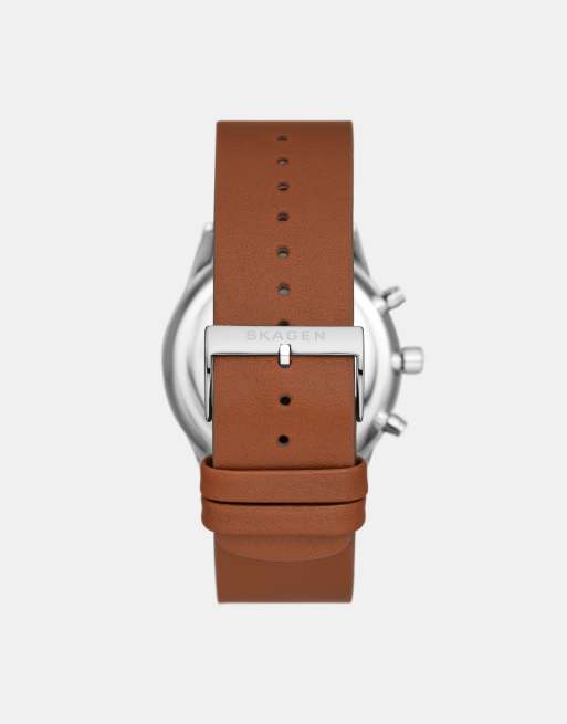 Skagen Men's holst chronograph, silver stainless steel watch- BROWN, 2 of 3