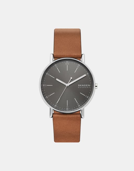 Skagen – Signatur – Herrenuhr aus Edelstahl mit drei Zeigern und braunem Armband