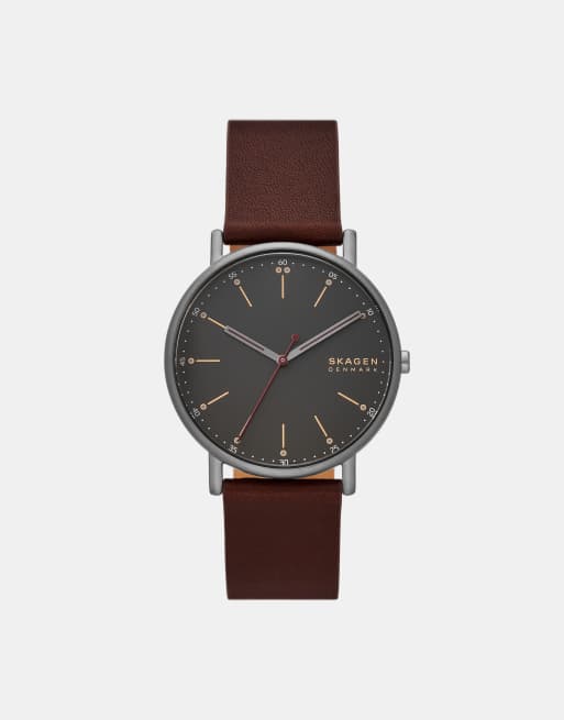Skagen – Signatur – Herrenuhr aus grauem Edelstahl mit drei Zeigern und rotem Armband