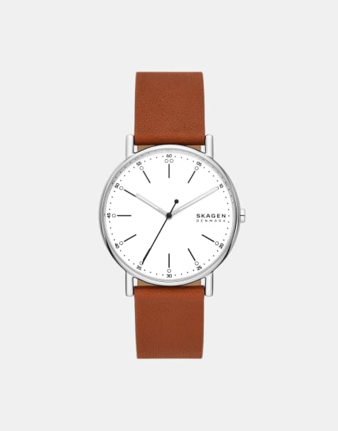 Skagen – Signatur – Herrenuhr aus silberfarbenem Edelstahl mit drei Zeigern und braunem Armband - view 1