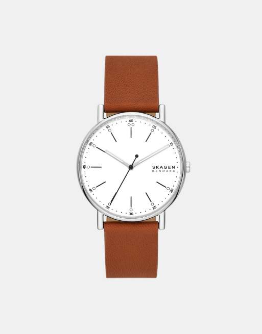 Skagen – Signatur – Herrenuhr aus silberfarbenem Edelstahl mit drei Zeigern und braunem Armband