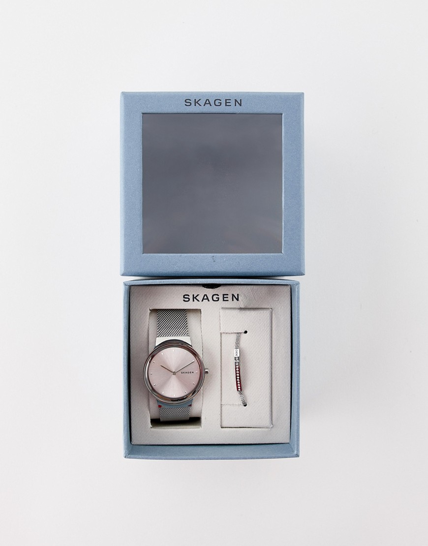 Skagen - SKW1105 Freja - Geschenkset van mesh horloge en armband-Zilver