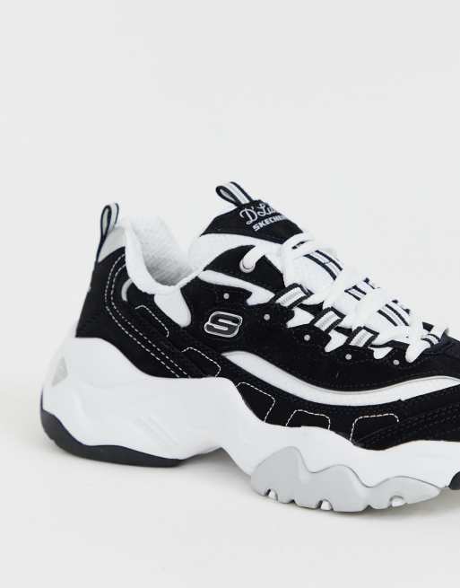 Skechers D Lite chunky trainers 3.0 in back and white mono