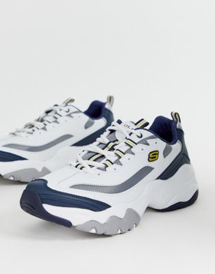 blue and white skechers