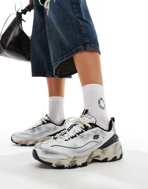 Skechers D'Lites distressed layered quarter webbing trainers in silver - view 1