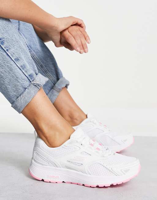 Skechers Go Run chunky trainers with pink trim in white leather