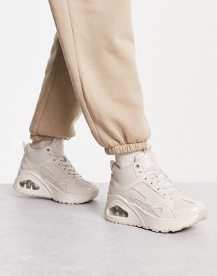 Skechers Uno HI Ava Max chunky sneakers in off white patent leather | ASOS