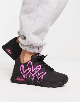 Skechers Uno Sneakers With Neon Graffiti Heart Print In Black