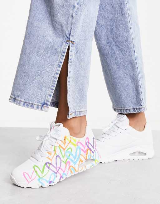 Skechers Uno sneakers with neon graffiti heart print in white