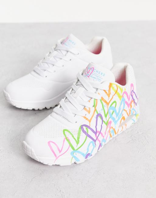 Skechers Uno sneakers with neon graffiti heart print in white