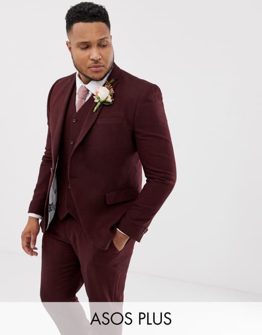 ASOS DESIGN Plus small bryllupshabit i bordeaux uldmix og sildebensmønster, 2 af 4