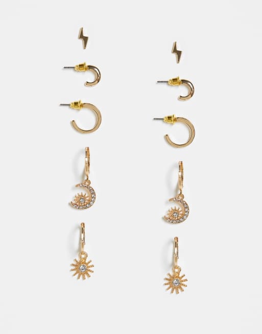 Skinny Dip 4 pack earrings with lightening bolt and moon details in gold