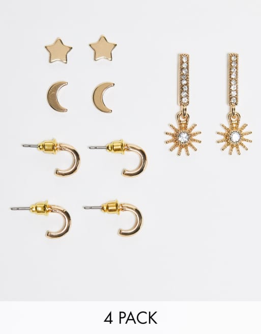 Skinny Dip 4 pack of earrings with moon and star details in gold