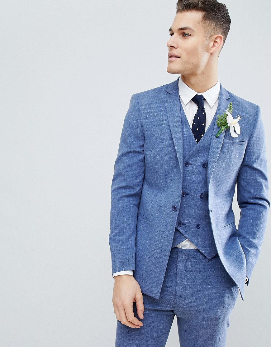 Skinny habitjakke i provence blue med skravering fra ASOS DESIGN Wedding-Blå