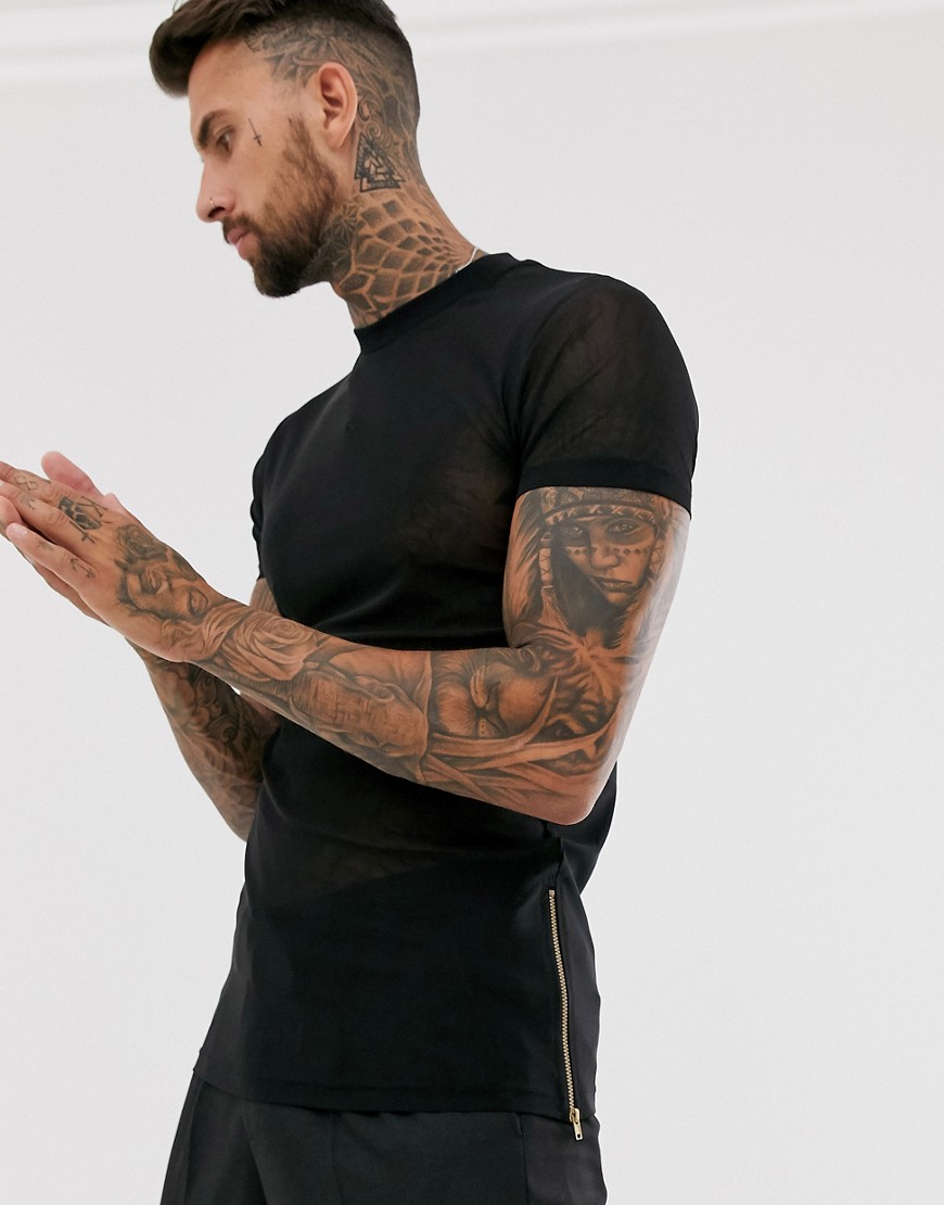 Skinny longline t-shirt med stretch i fin mesh med sidelynlåse fra ASOS DESIGN-Sort