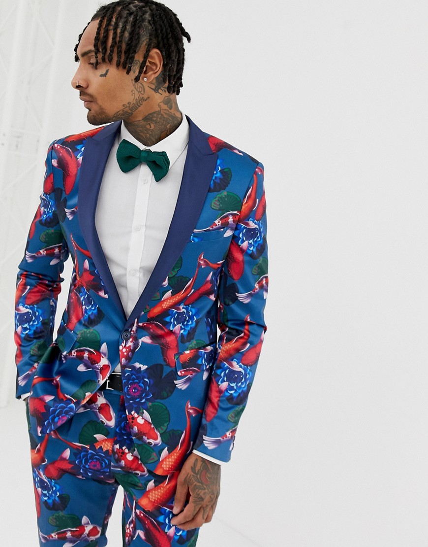 Skinny Smoking suit jakkesæt med fish print fra ASOS DESIGN-Blå