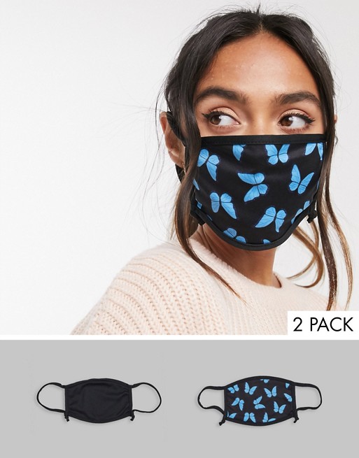 Skinnydip 2 pack face covering with adjustable straps in plain black and butterfly print