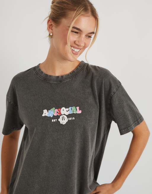 Skinnydip Antisocial acid wash t-shirt in grey, 3 of 4