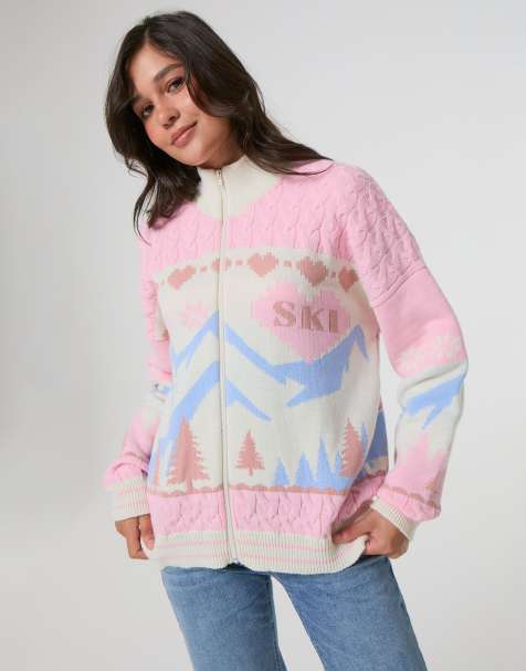 Skinnydip Apres ski zip through knitted jumper in white - view 1