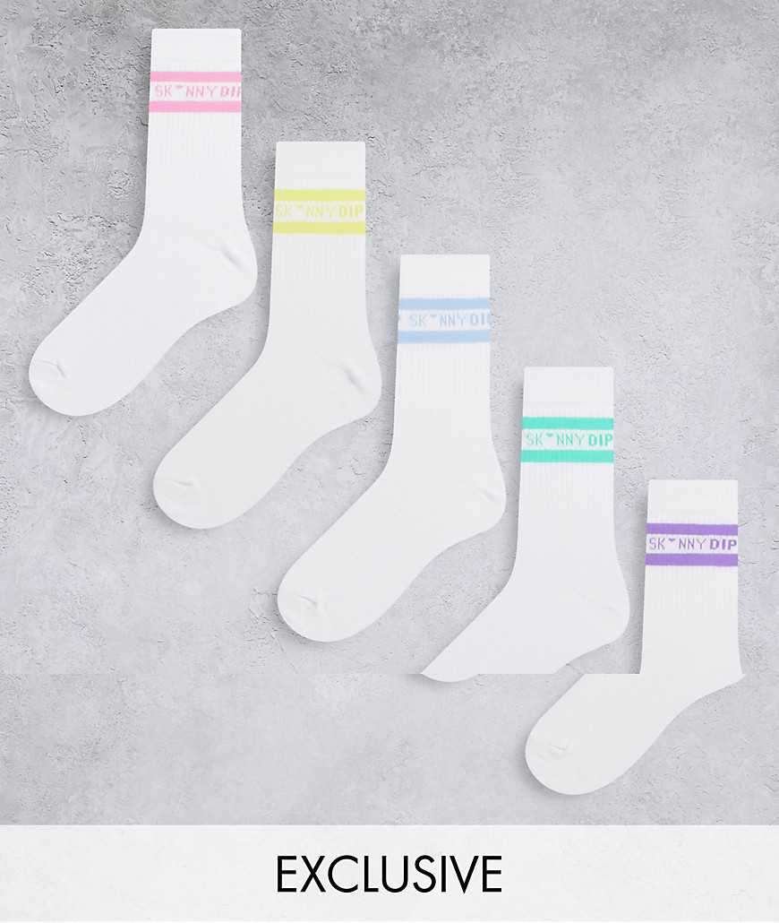 Skinnydip ASOS Exclusive logo ribbed socks 5 pack with pastel stripes-White